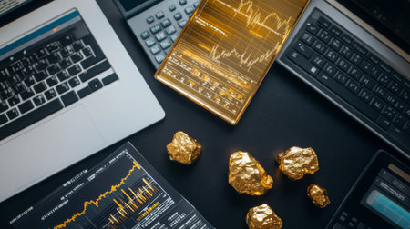 A flat lay view of financial tools, laptops, and gold nuggets, showcasing the analysis of investment trends and market growth in a digital workspace.の素材