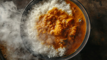 A steaming bowl of rich curry served over fluffy rice, showcasing vibrant colors and tempting aromas, perfect for food lovers and culinary enthusiasts.の素材