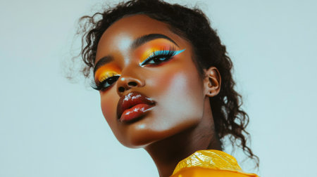 This portrait features a model with vibrant makeup, showcasing bold colors and a glossy finish. The striking aesthetic exudes confidence and artistic flair.の素材