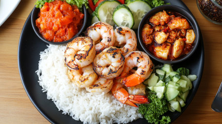 A vibrant plate featuring grilled shrimp served on fluffy rice, accompanied by fresh vegetables and zesty tomato sauce. Perfect for seafood lovers!の素材