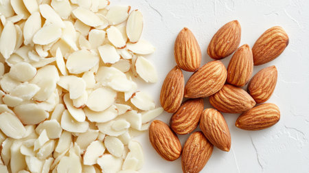 Freshly sliced and whole almonds displayed on a white background, highlighting their texture and natural appeal, perfect for cooking, snacking, and healthy recipes.の素材