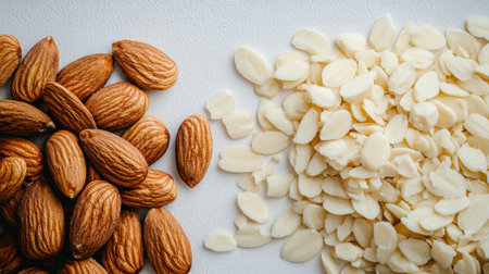 This image features whole almonds alongside sliced almonds, showcasing their rich texture and color contrast on a clean white background. Perfect for healthy food visuals.の素材