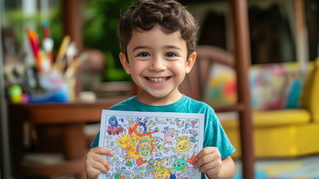 A joyful child proudly displays his colorful artwork, showcasing creativity and happiness in a bright and playful indoor setting. Perfect for themes of childhood and imagination.の素材
