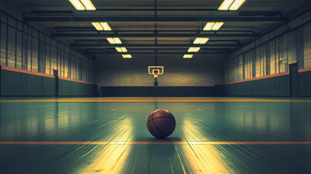 A lone basketball sits on a polished gym floor, highlighting the serene yet competitive atmosphere of an empty gymnasium, perfect for sports-themed projects.の素材