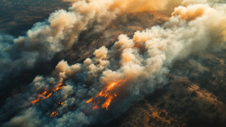 A dramatic aerial view capturing a wildfire's intensity. Flames and thick smoke billow over the landscape, illustrating the destructive power of nature.の素材