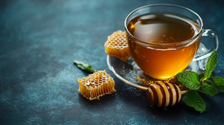A soothing cup of warm honey tea with fresh mint leaves, accompanied by golden honeycomb. Ideal for wellness, relaxation, and cozy tea moments.の素材
