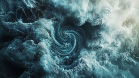 Explore the mesmerizing swirl of ocean waves and clouds, capturing the raw power and beauty of nature's chaotic energy in a dramatic display.の素材