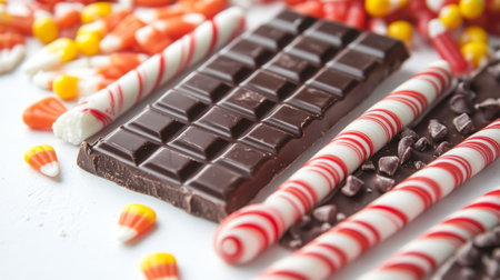 A vibrant display of assorted candies and chocolate treats, perfect for festive celebrations. Featuring a chocolate bar surrounded by colorful sweets.の素材