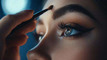 Captivating close-up view of a model's eye during a makeup application, showcasing intricate details of cosmetics and beauty techniques. Perfect for beauty and fashion themes.の素材