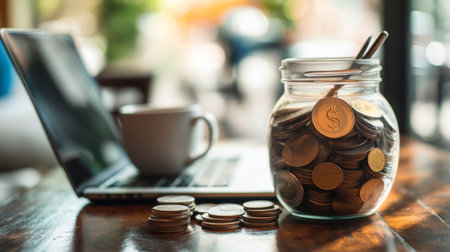 A cozy workspace featuring a jar filled with coins, a laptop, and a cup of coffee on a wooden table, symbolizing savings and financial management in daily life.の素材