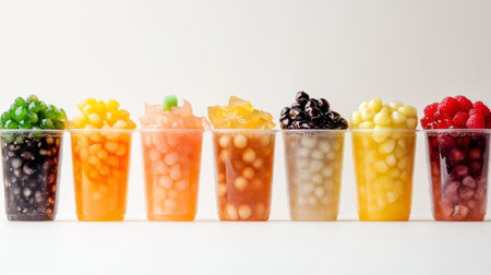 A vibrant collection of colorful jelly cups arranged neatly, showcasing an enticing assortment of flavors and textures, perfect for any celebration or dessert table.の素材