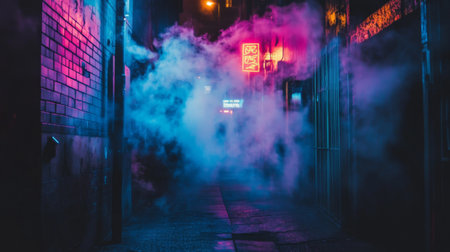 A vibrant urban alley scene illuminated by colorful neon lights and enveloped in fog, creating a mysterious atmosphere perfect for artistic exploration.の素材