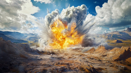 A stunning depiction of a powerful explosion in a rugged landscape, showcasing vibrant colors and dramatic clouds. The scene captures the intensity of nature's forces.の素材