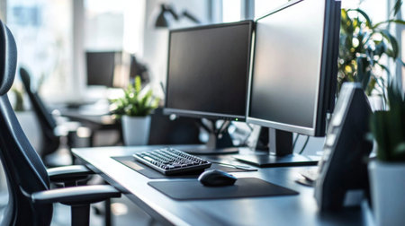 A sleek modern office workspace featuring dual monitors, a keyboard, and a mouse. The bright environment is accented by plants, promoting a productive atmosphere.の素材