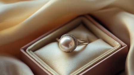 A stunning pearl ring elegantly displayed on a soft satin background, showcasing its intricate design and luxurious appeal, perfect for timeless moments.の素材