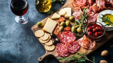 A beautiful charcuterie board featuring an assortment of meats, cheeses, olives, and crackers paired with a glass of red wine, perfect for gatherings.の素材