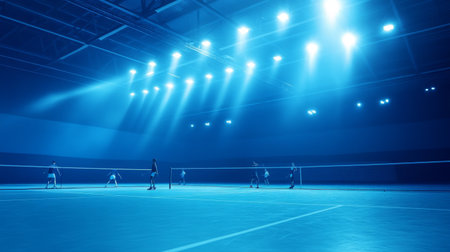 A captivating indoor badminton game scene featuring players in action under stunning blue lighting. The dynamic atmosphere is perfect for showcasing athletic skill and competition.の素材