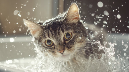 A playful cat splashes in water, showcasing its curiosity and vibrant personality. The close-up captures the joy and movement, creating a dynamic scene.の素材