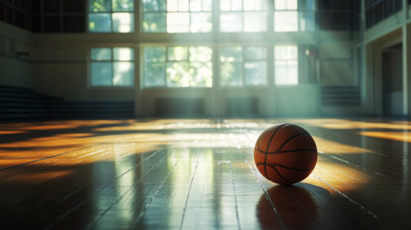 A solitary basketball rests on the hardwood floor of an empty gymnasium, illuminated by warm sunlight streaming through large windows, creating a peaceful atmosphere.の素材