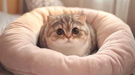 A cute cat rests in a soft pet bed, gazing curiously. This cozy scene captures the warmth and charm of a playful feline companion, perfect for pet lovers.の素材