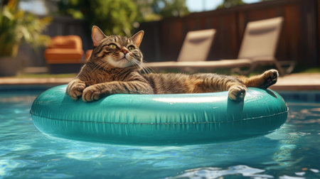 A charming cat relaxes on a pool float, enjoying the summer sun. This fun and playful scene captures the essence of leisure and carefree moments by the pool.の素材