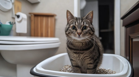 A cute cat sits in a litter box in a cozy bathroom setting, showcasing the daily routine and personal space of a domestic pet in a relaxed atmosphere.の素材