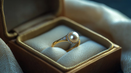 A stunning golden ring featuring a beautiful pearl, presented in an elegant plush box. Perfect for weddings, gifts, or special occasions.の素材
