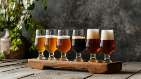 A beautiful display of assorted craft beers presented on a wooden tray, showcasing different colors and frothy tops, perfect for tasting and sampling.の素材