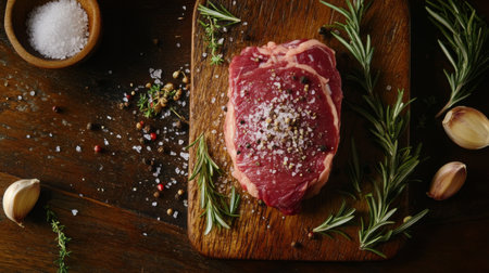 A fresh raw steak garnished with herbs and spices sits on a rustic wooden board, perfect for culinary preparation and recipe inspiration.の素材