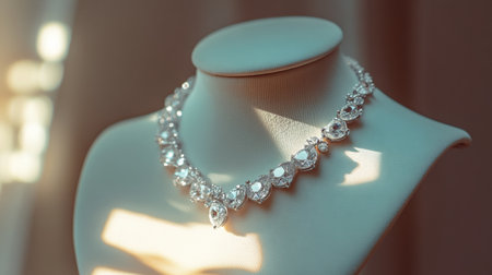 A stunning silver necklace displays elegance with its intricate design. This jewelry piece offers a luxurious touch, perfect for fashion enthusiasts.の素材