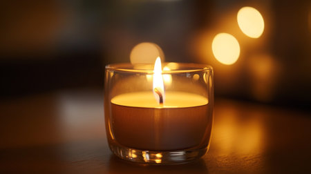 A serene close-up of a glowing candle in a glass holder. The warm light creates an inviting atmosphere, perfect for relaxation and ambiance.の素材