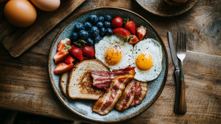 A beautifully arranged breakfast plate featuring eggs, crispy bacon, fresh berries, and toast, perfect for a morning meal. Enjoy a wholesome start to your day!の素材