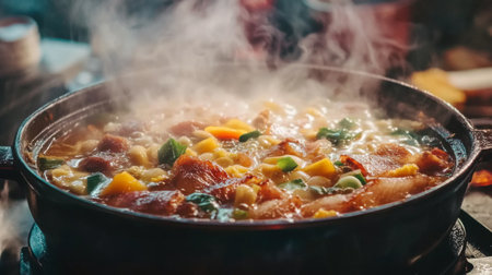 A steaming pot of homemade soup filled with vibrant ingredients. The inviting aroma and rich colors beckon comfort and warmth for any meal.の素材