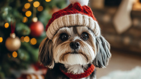 A charming dog wearing a cozy Christmas hat, surrounded by festive decorations. Perfect for capturing the spirit of the holiday season.の素材