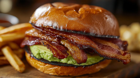 A mouthwatering bacon burger featuring crispy bacon and fresh avocado, served with golden fries. Perfect for a satisfying meal or quick snack.の素材