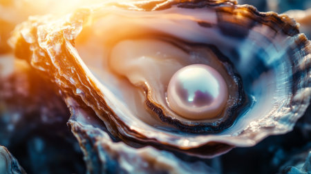 A stunning pearl nestled in an open oyster shell, captured at sunset. The radiant light enhances the beauty of this natural treasure, evoking tranquility.の素材