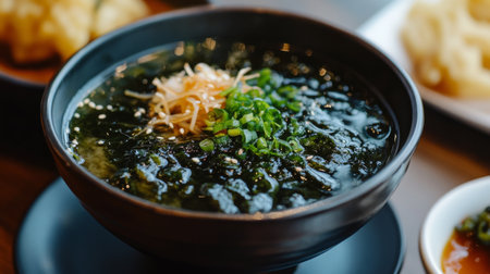 A steaming bowl of rich soup garnished with green onions and seaweed. Ideal for showcasing healthy dining choices and vibrant food culture.の素材