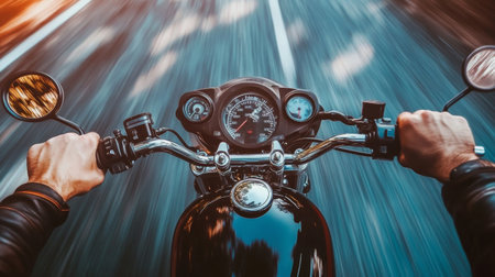 A dynamic shot capturing a rider's gripping hands on a motorcycle's handlebars, zooming down a scenic road, evoking a sense of adventure and freedom.の素材