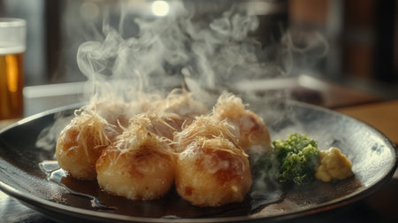 Savor the warm and tender dumplings served on a plate, emitting steam. This appetizing dish is perfect for sharing and enjoying in a cozy restaurant setting.の素材