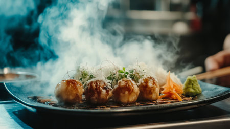 A beautifully presented plate of delicious Asian cuisine featuring steaming dumplings, fresh herbs, and vibrant garnishes, perfect for food lovers.の素材
