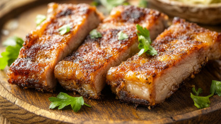 Succulent grilled meat slices are garnished with fresh herbs on a rustic wooden plate, creating a mouth-watering presentation perfect for any meal.の素材
