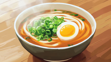 A vibrant bowl of noodles topped with a perfectly cooked egg and fresh green onions. This delicious dish embodies warmth and comfort, ideal for any meal.の素材