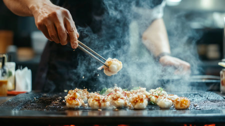 A chef skillfully uses chopsticks to grill delicious dumplings, creating a steamy atmosphere in a vibrant kitchen, showcasing culinary expertise and flavor.の素材