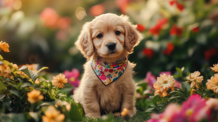 A cute puppy sits amidst blooming flowers in a vibrant garden, radiating joy and innocence. This heartwarming scene captures the beauty of nature and companionship.の素材