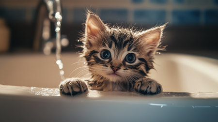 A cute and curious kitten peeks over the edge of a bathtub filled with water droplets. This adorable scene captures the playful spirit of pets in a domestic setting.の素材