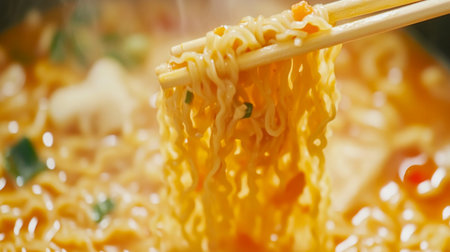 A close-up of steaming noodles lifted with chopsticks above a flavorful broth, highlighting the vibrant ingredients and inviting texture for a warm meal.の素材