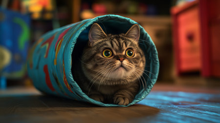 A curious cat explores its playful environment while peeking out of a colorful tube. This adorable pet moment captures the joy of indoor exploration.の素材