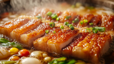 A mouthwatering image of sizzling grilled fish, garnished with fresh herbs and colorful vegetables, emanating aromatic steam, perfect for food enthusiasts.の素材