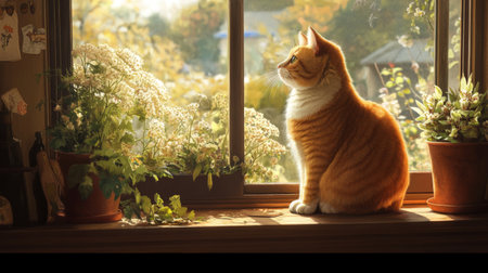 An orange cat sits peacefully by a window, bathed in warm sunlight. Surrounded by blooming flowers, it captures a serene moment of tranquility and comfort.の素材