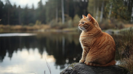 An orange cat peacefully sits on a rock by a serene lake, surrounded by nature. The tranquil atmosphere and beautiful reflection create a perfect moment in wildlife.の素材